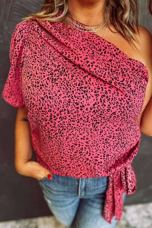 Pink Plus Slant One Shoulder Leopard Tie Drape Blouse Pink 100%Polyester Plus Size Tops JT's Designer Fashion