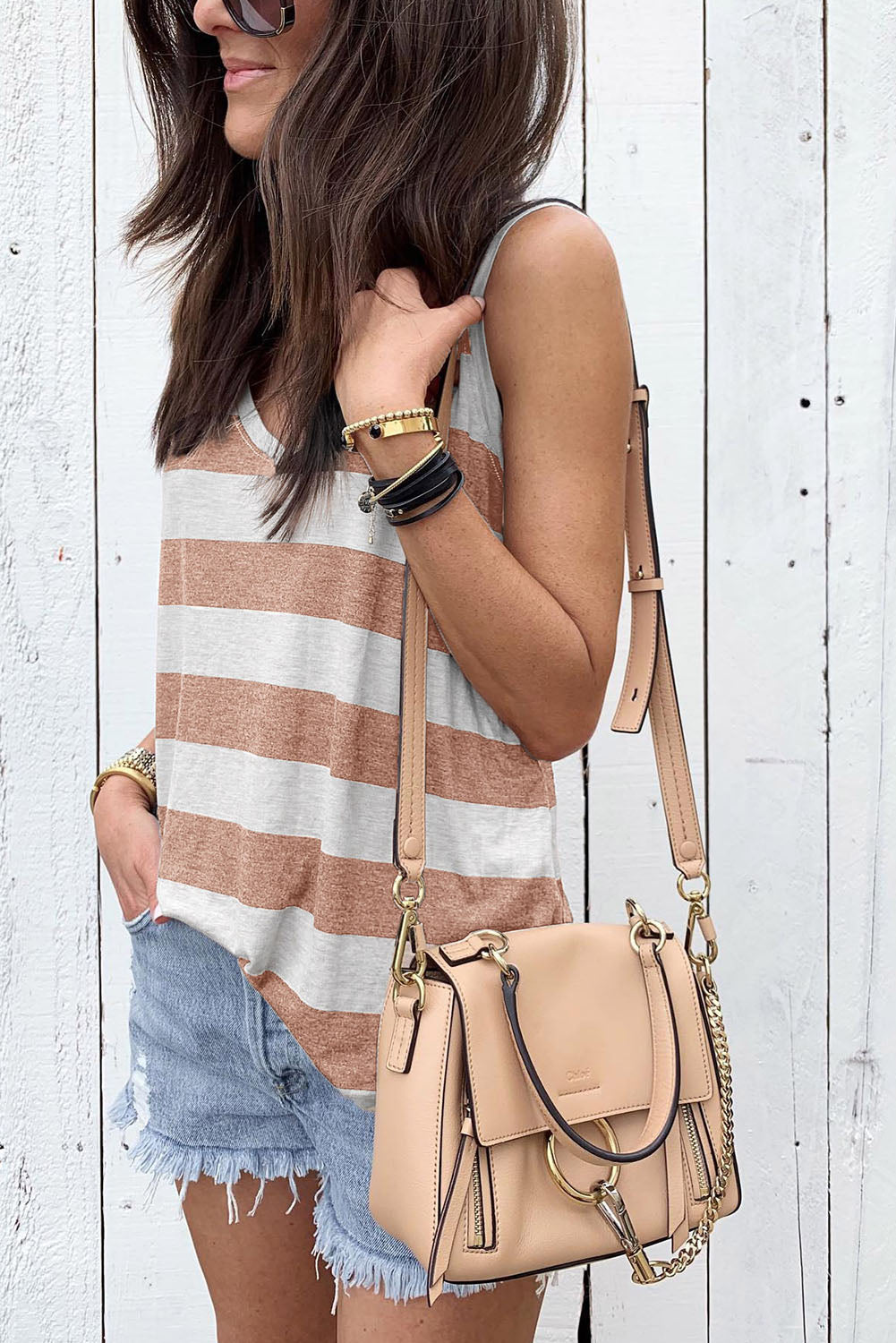 Apricot Striped V Neck Tank Top Tank Tops JT's Designer Fashion