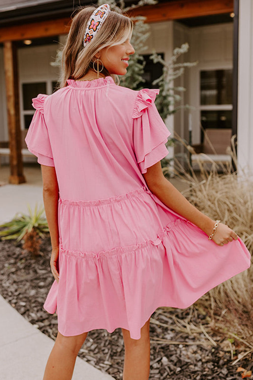 Pink V Neck Layered Ruffled Sleeves Mini Dress Mini Dresses JT's Designer Fashion