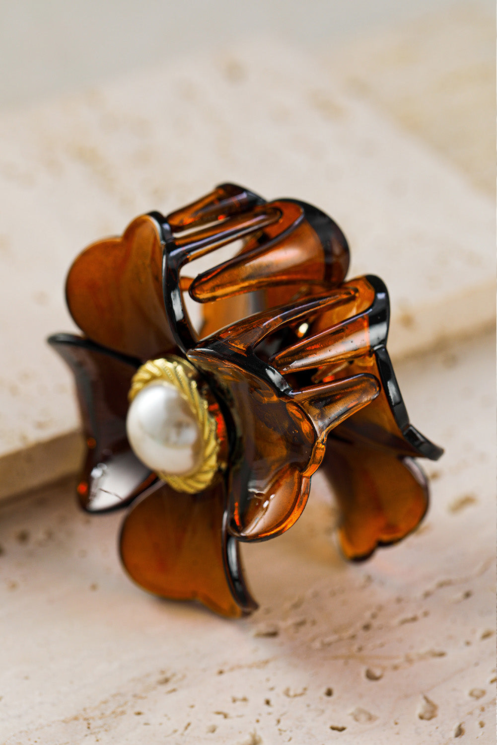 Brown Flower Shape Pearl Inlay Small Hair Claw Clip Headwear JT's Designer Fashion