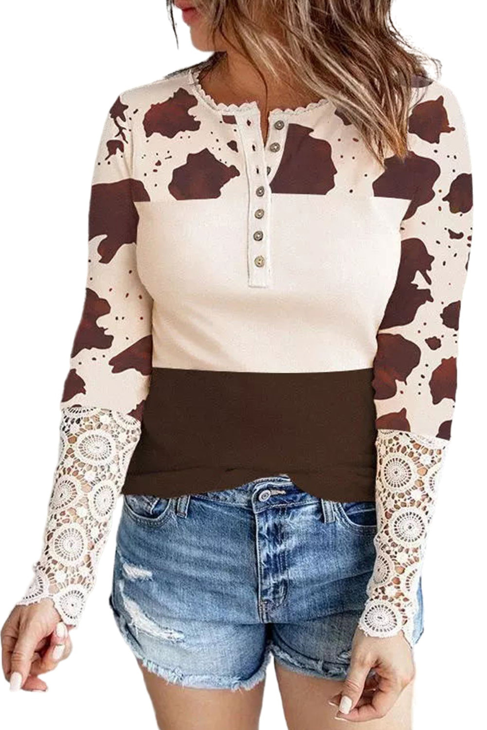 Apricot Cow Print Lace Cuff Long Sleeve Henley Top Long Sleeve Tops JT's Designer Fashion