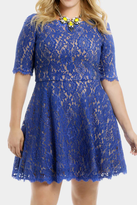 Blue Floral Lace Nude Illusion Plus Size Skater Dress Blue 60%Polyamide+40%Cotton Plus Size Dresses JT's Designer Fashion