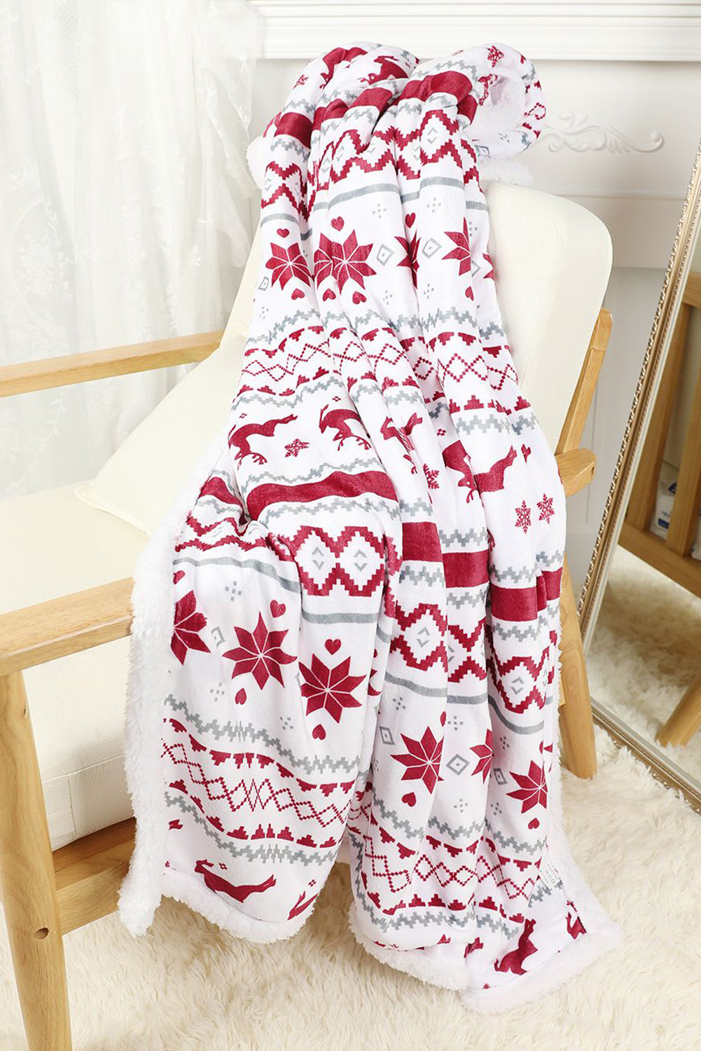 White Christmas Reindeer Snowflake Printed Sherpa Blanket Other Accessories JT's Designer Fashion