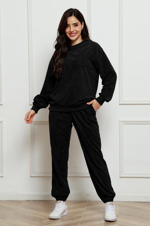 Round Neck Sweatshirt and Sweatpants Set Black Jumpsuits & Rompers JT's Designer Fashion