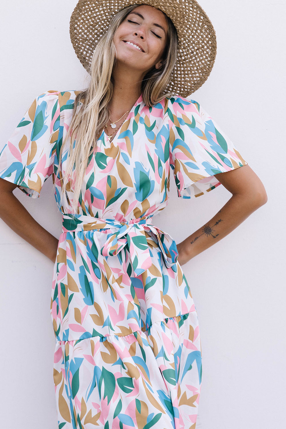 Multicolor V Neck Short Sleeves Boho Tropical Print Long Dress Floral Dresses JT's Designer Fashion