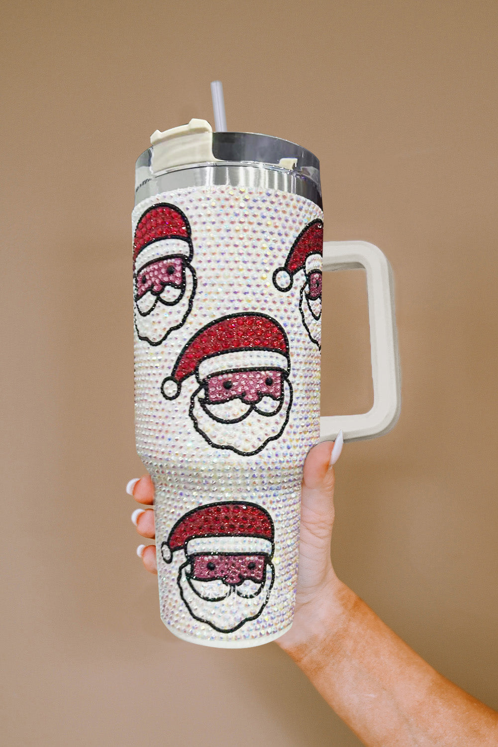 White Christmas Santa Claus Diamond Thermos Cup with Straw Tumblers JT's Designer Fashion