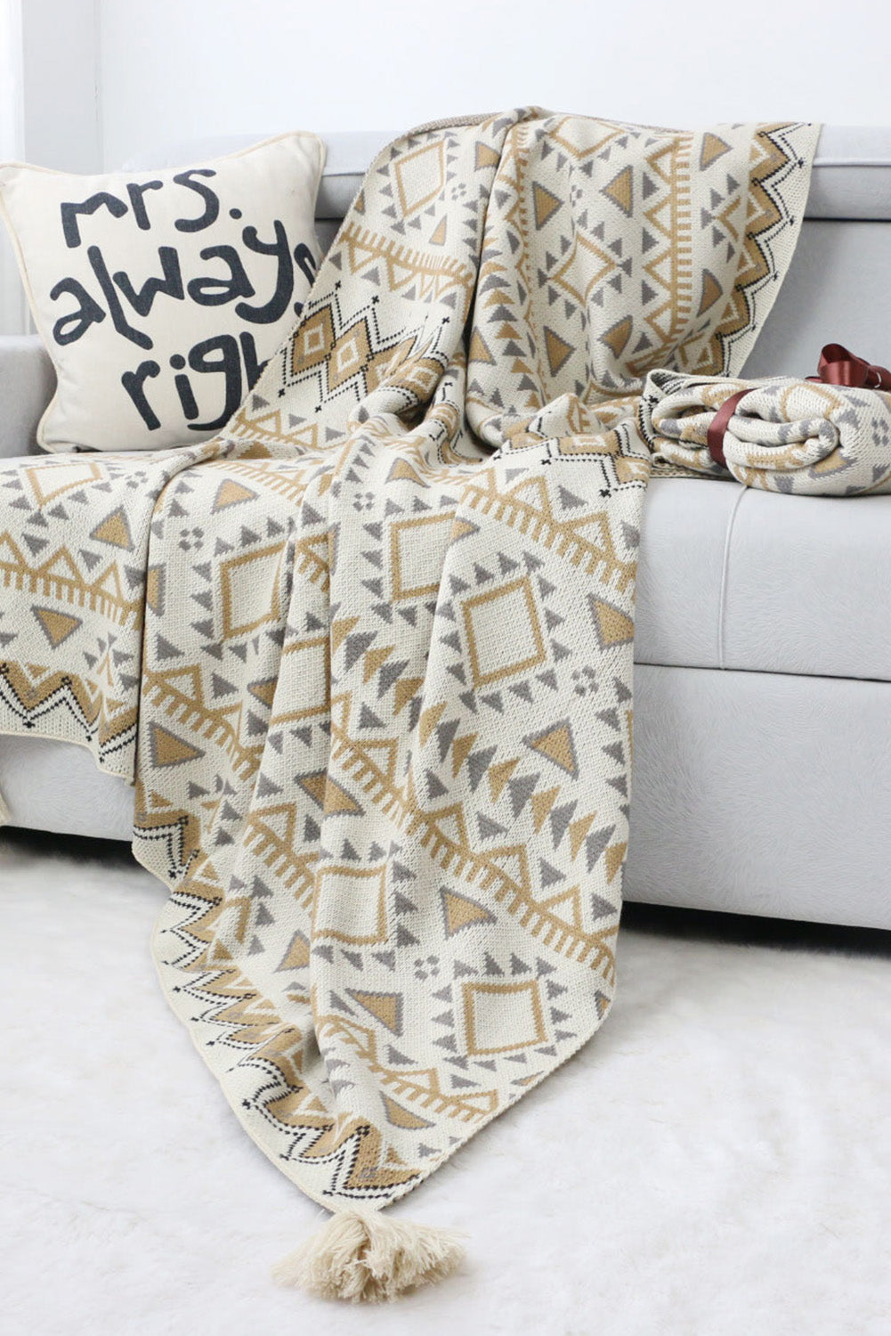 Beige Boho Geometric Knitted Tasseled Throw Blanket 127*170cm Other Accessories JT's Designer Fashion