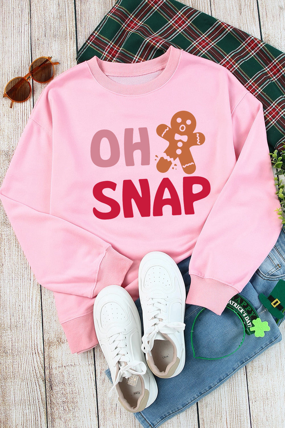 Pink OH SNAP Gingerbread Man Christmas Pullover Sweatshirt Graphic Sweatshirts JT's Designer Fashion