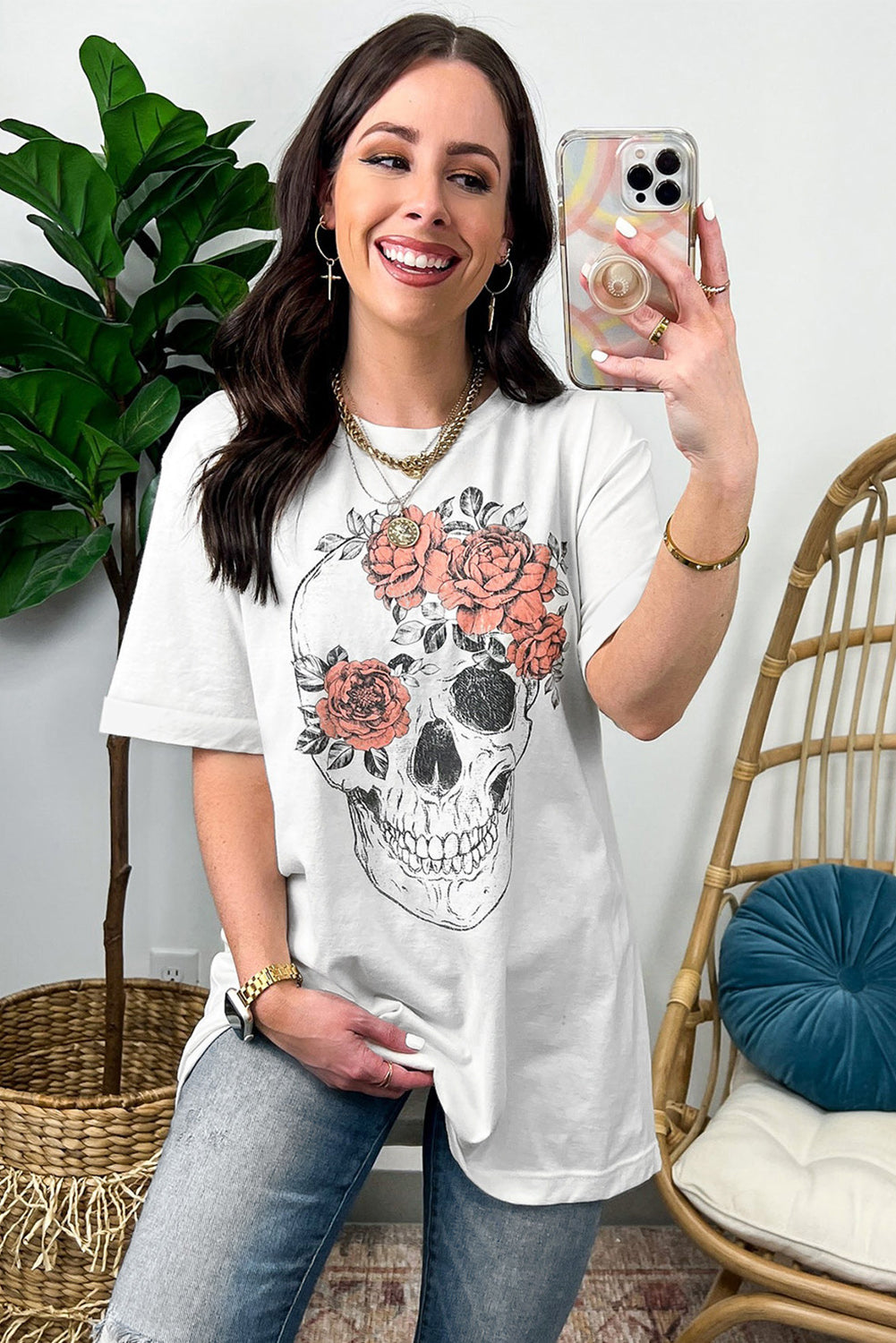 White Skull Flower Oversized Graphic Tee Graphic Tees JT's Designer Fashion