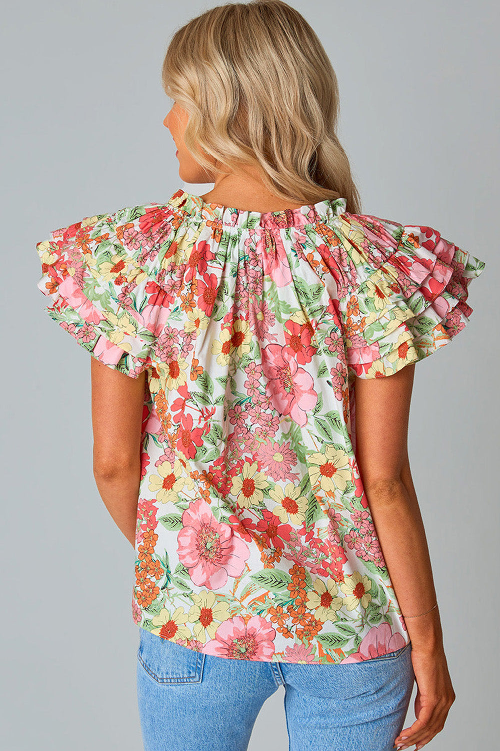 Multicolor Rose Ruffle Flutter Sleeve Floral Print Blouse Tops & Tees JT's Designer Fashion