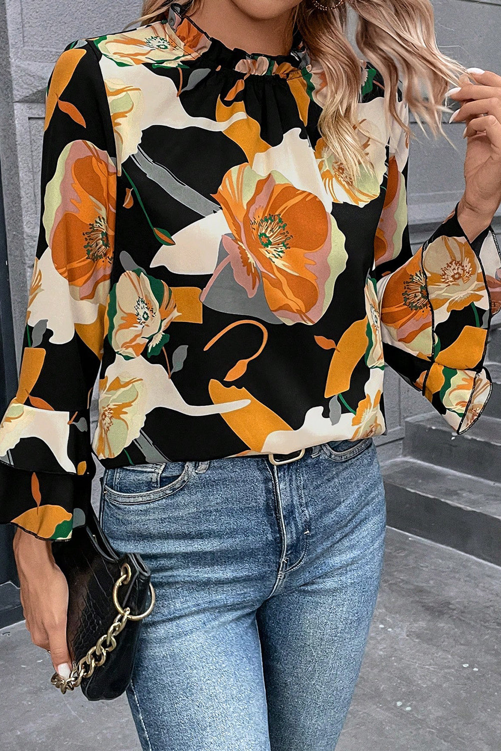 Orange Double Flounce Sleeve Floral Blouse Tops & Tees JT's Designer Fashion