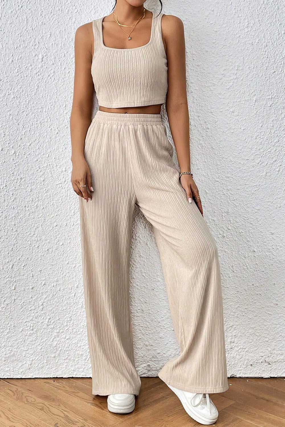 Pale Khaki Textured Crop Tank Top and Wide Leg Pants Set Bottoms JT's Designer Fashion