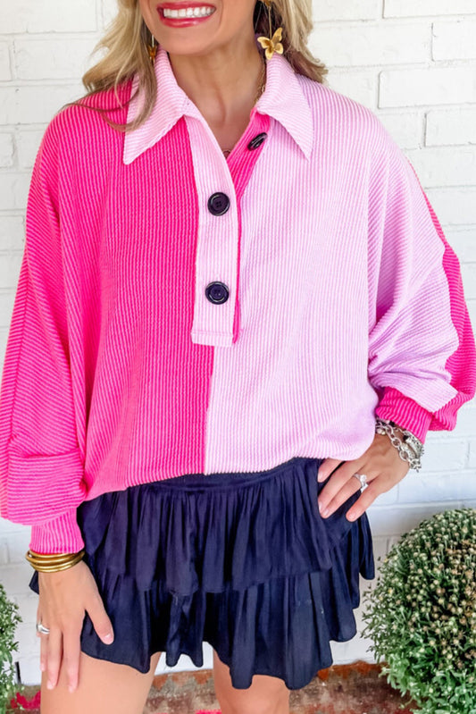 Pink Contrast Color Block Corded Polo Collar Blouse Tops & Tees JT's Designer Fashion