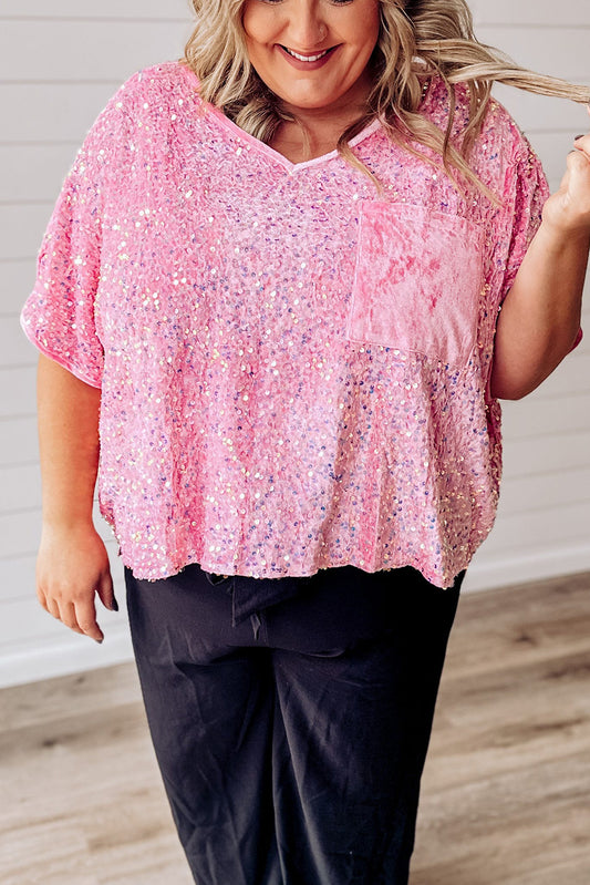 Pink Sequin Velvet Patched Pocket V Neck Plus Top Plus Size JT's Designer Fashion