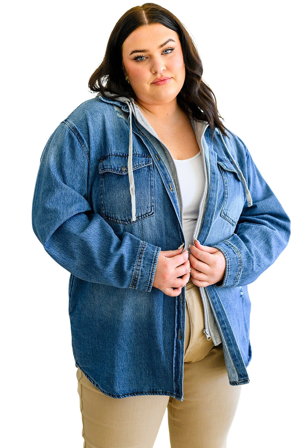 Sky Blue Plus Size Distressed Hooded Denim Shacket Plus Size JT's Designer Fashion