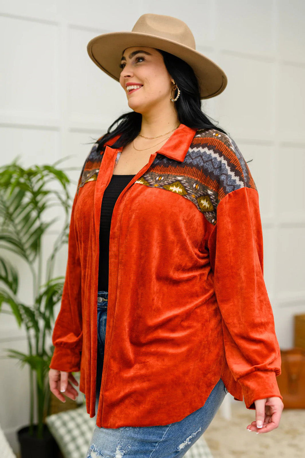 Red Plus Size Aztec Western Print Patchwork Shacket Plus Size JT's Designer Fashion