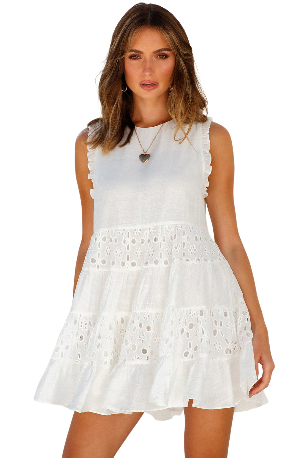 White Frill Trim Sleeveless Babydoll Dress Mini Dresses JT's Designer Fashion