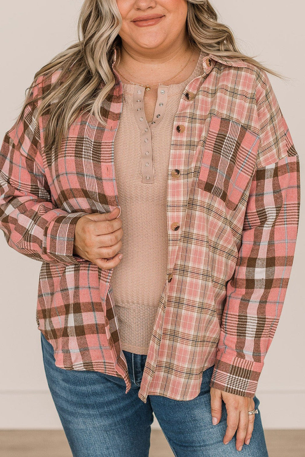 Pink stand-by-you-button-down-plaid-top-pink Plus Size JT's Designer Fashion