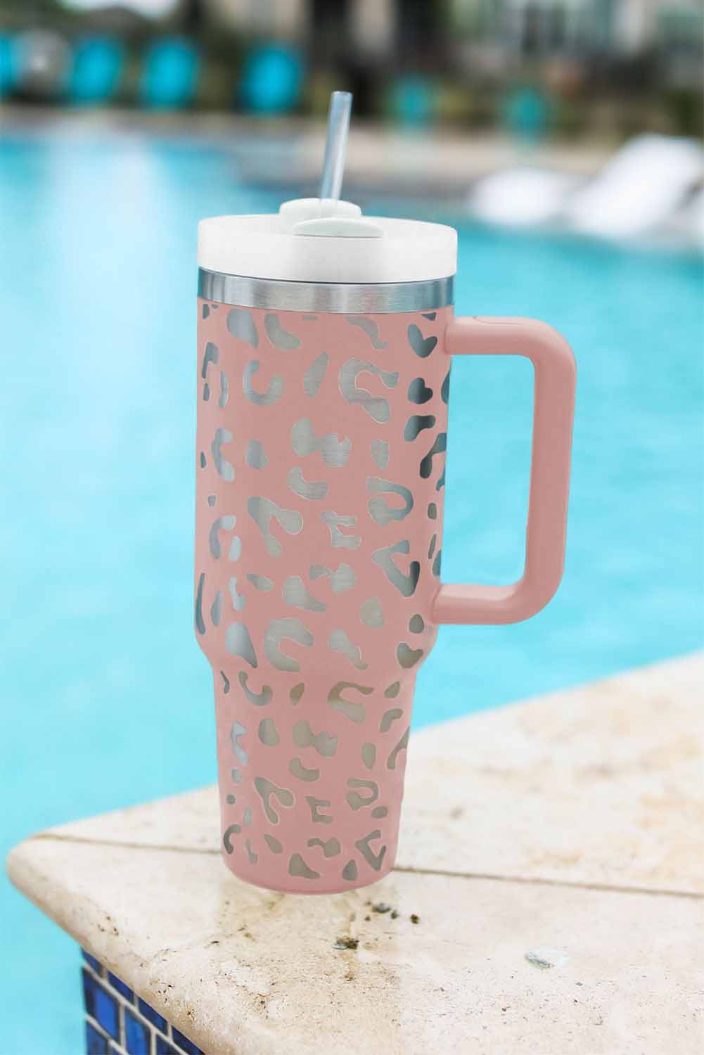 Pink Leopard Print 40OZ Stainless Steel Portable Cup with Handle Tumblers JT's Designer Fashion