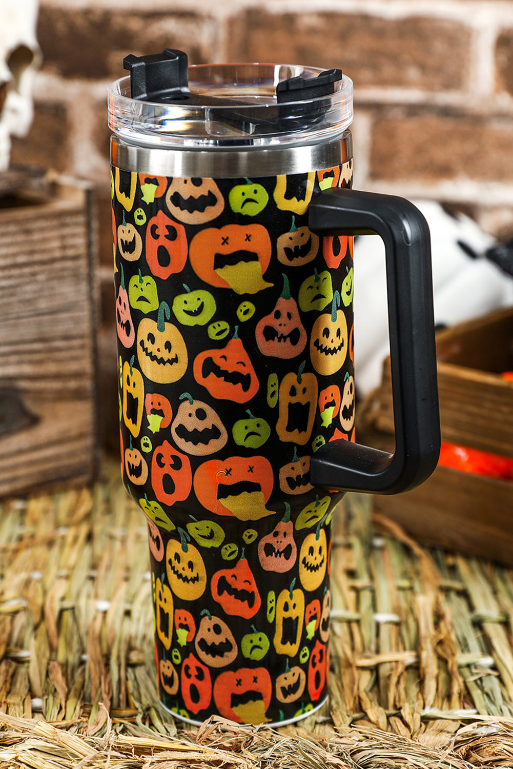 Black Halloween Pumpkins 40oz Stainless Steel Thermos Cup Tumblers JT's Designer Fashion