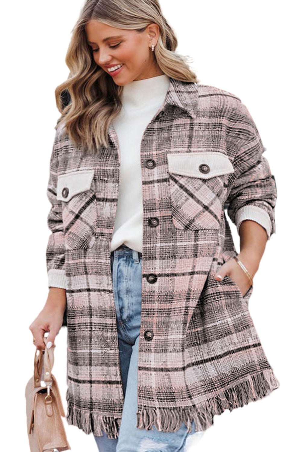 Pink Plus Size Plaid Tassel Hem Coat Plus Size JT's Designer Fashion