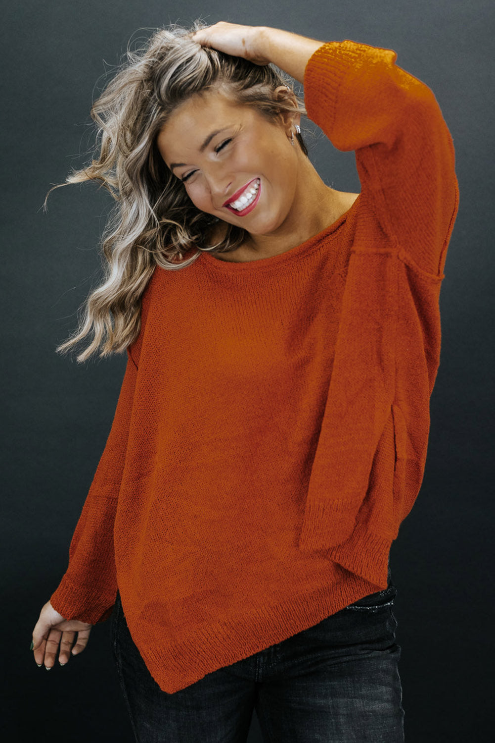 Orange Plus Size Chest Pocket Loose Split Side Sweater Plus Size JT's Designer Fashion