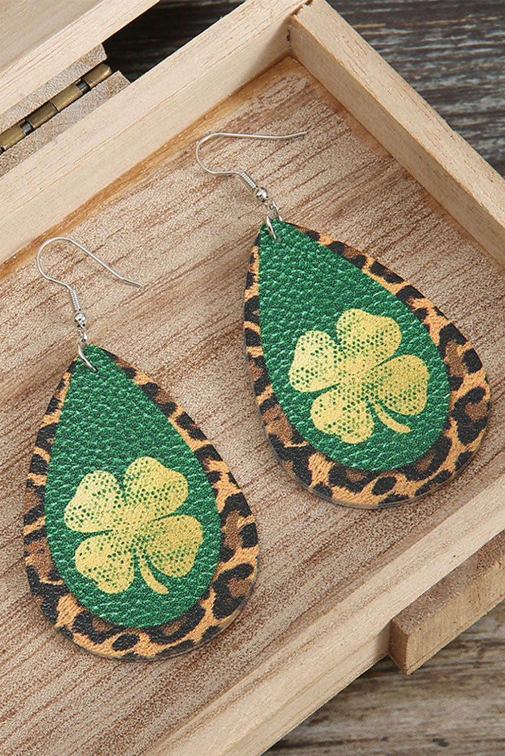 Green St. Patrick Shamrock Leopard Faux Leather Earrings Jewelry JT's Designer Fashion