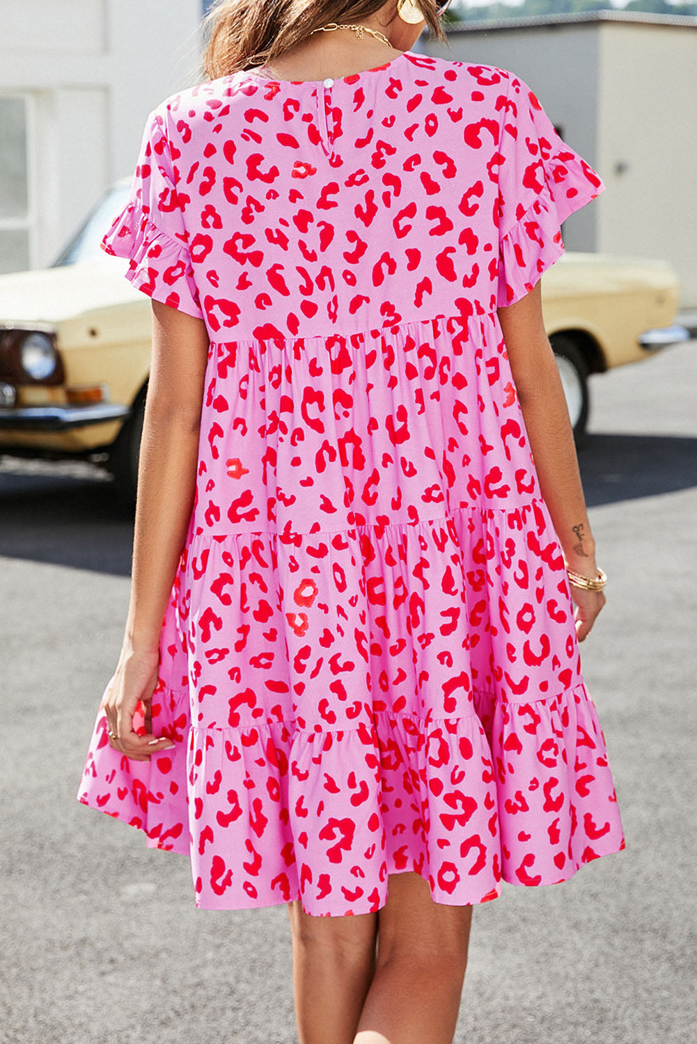 Pink Leopard Print Ruffle Short Sleeve Tiered Dress Mini Dresses JT's Designer Fashion