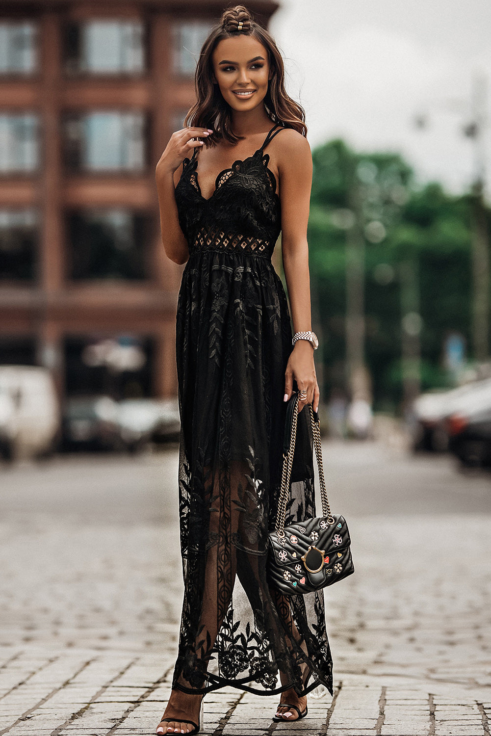 Black Lace Crisscross Backless Maxi Dress Maxi Dresses JT's Designer Fashion