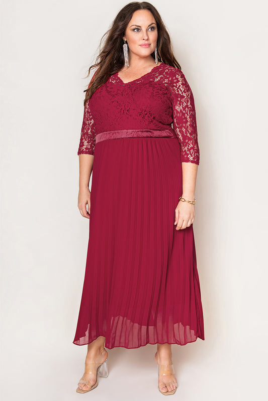 Red Lace Scalloped V Neck 3/4 Sleeves Pleated Tulle Plus Maxi Dress Red 95%Polyester+5%Elastane Plus Size Dresses JT's Designer Fashion