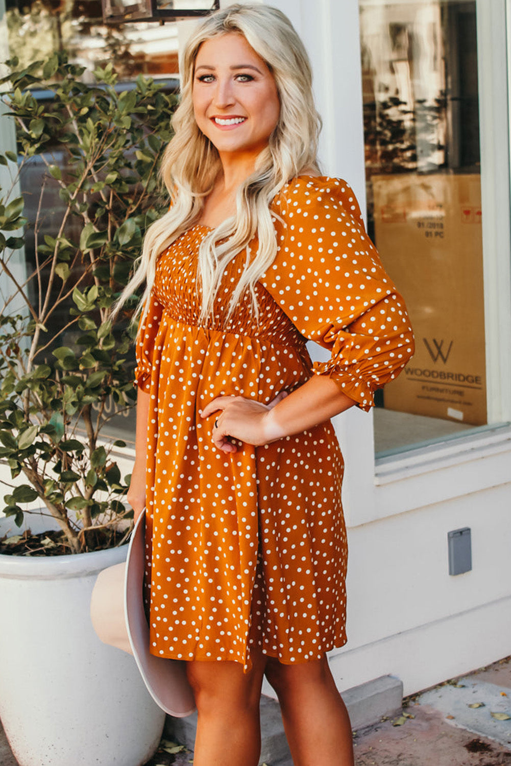 Yellow Boho Dotted Print Smocked Bust Plus Size Dress Plus Size Dresses JT's Designer Fashion