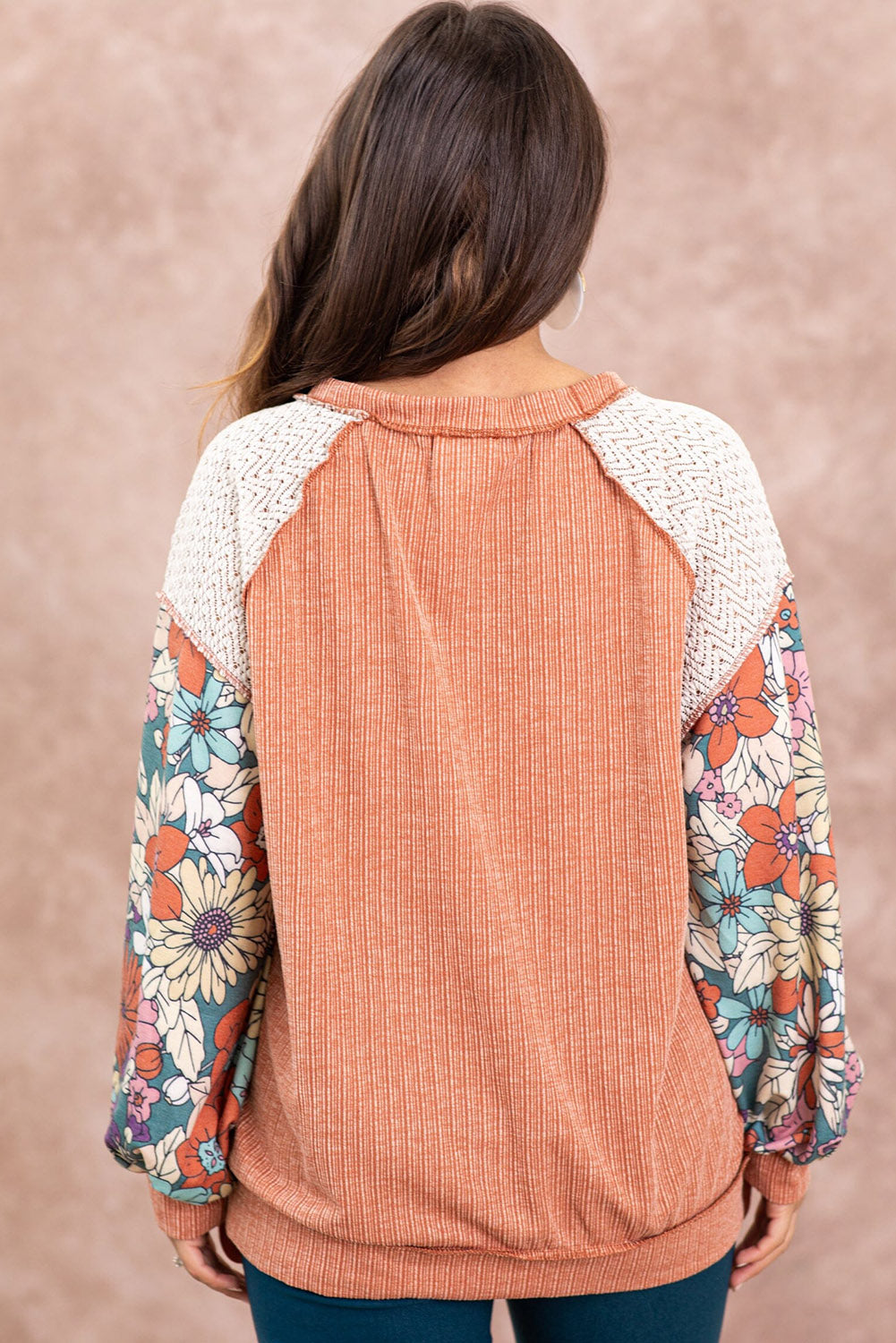 Grapefruit Orange Floral Patchwork Textured Puff Sleeve Blouse Tops & Tees JT's Designer Fashion