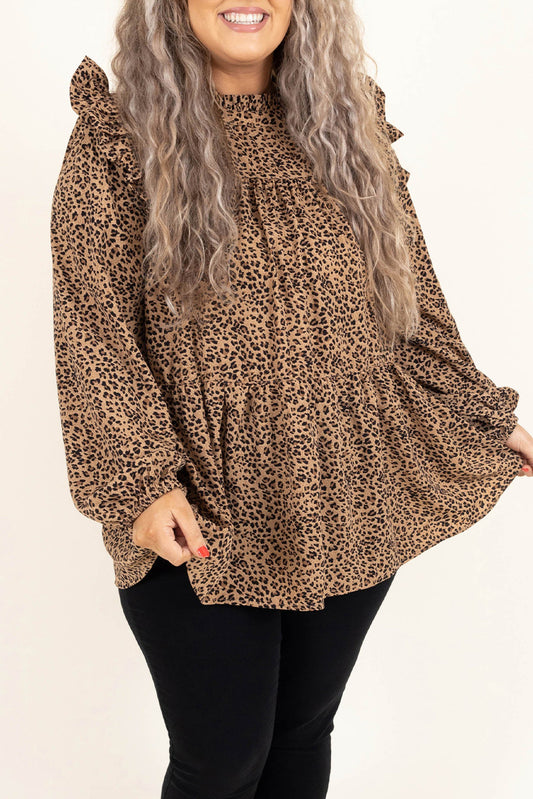 Leopard Frilled Shoulder Decor Plus Size Babydoll Top Plus Size Tops JT's Designer Fashion