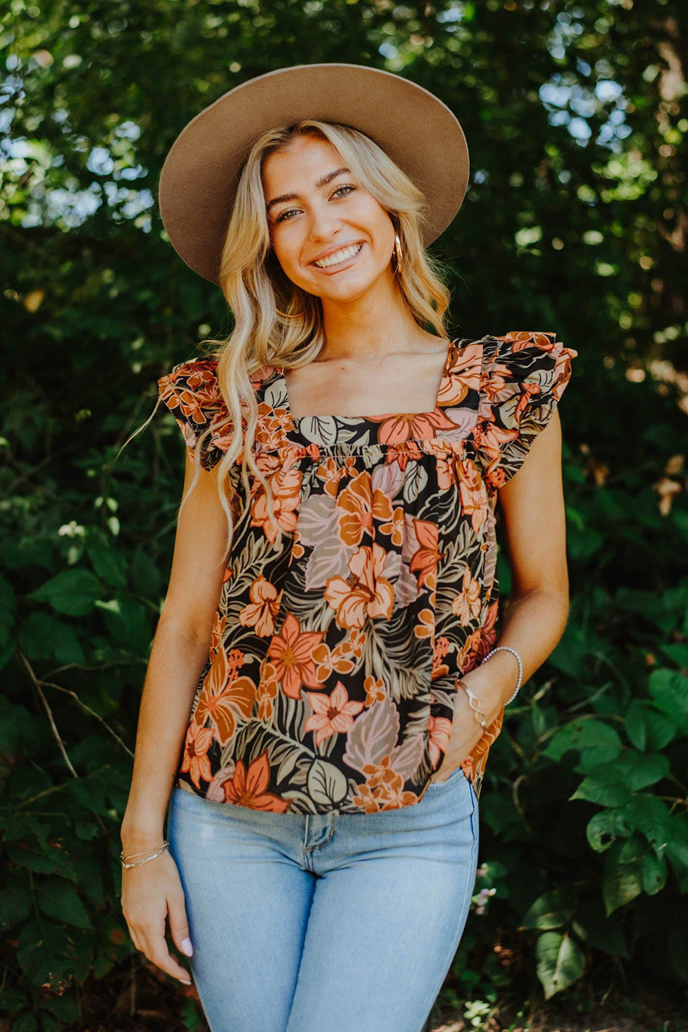 Brown Floral Flutter Sleeves Square Neck Blouse Blouses & Shirts JT's Designer Fashion