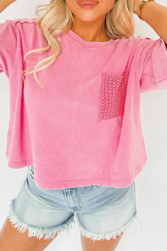 Pink Acid Wash Lace Patch Pocket T-Shirt Tops & Tees JT's Designer Fashion