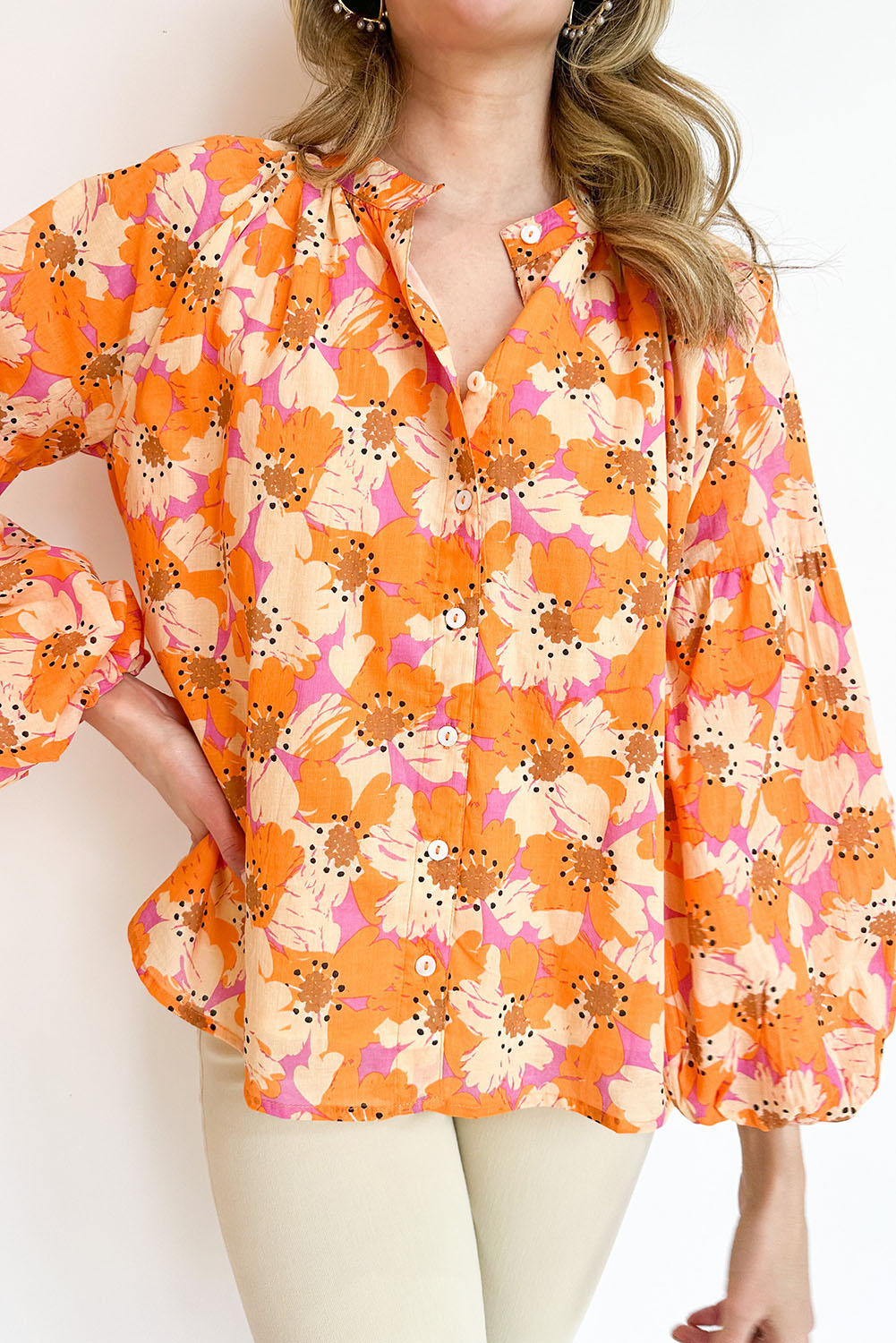 Orange Floral Print Loose Sleeve Shirt Tops & Tees JT's Designer Fashion