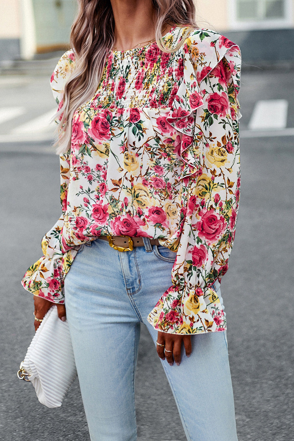 White Floral Printed Ruffle Trim Long Sleeve Blouse Tops & Tees JT's Designer Fashion