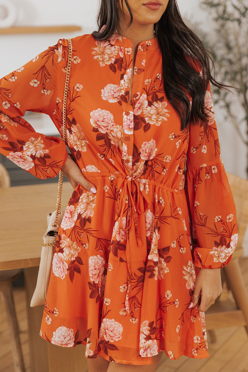 Orange Vintage Floral Print Drawstring Flowy Dress Floral Dresses JT's Designer Fashion