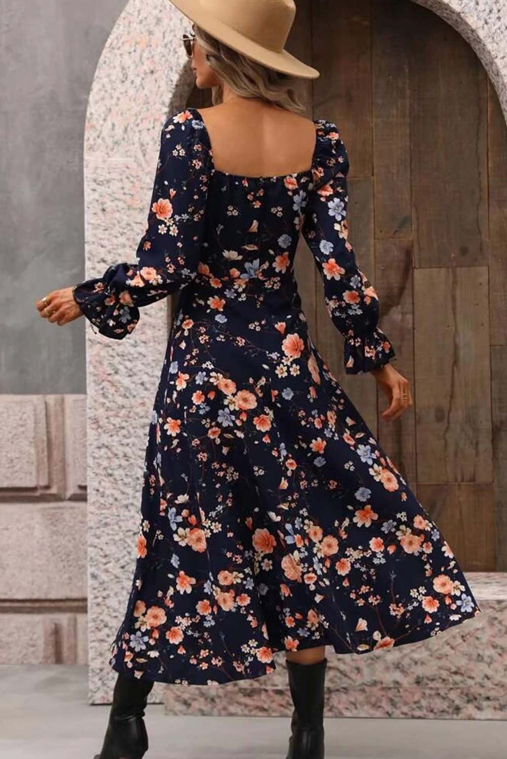 Black Floral Square Neck Long Sleeve High Split Dress Dresses JT's Designer Fashion