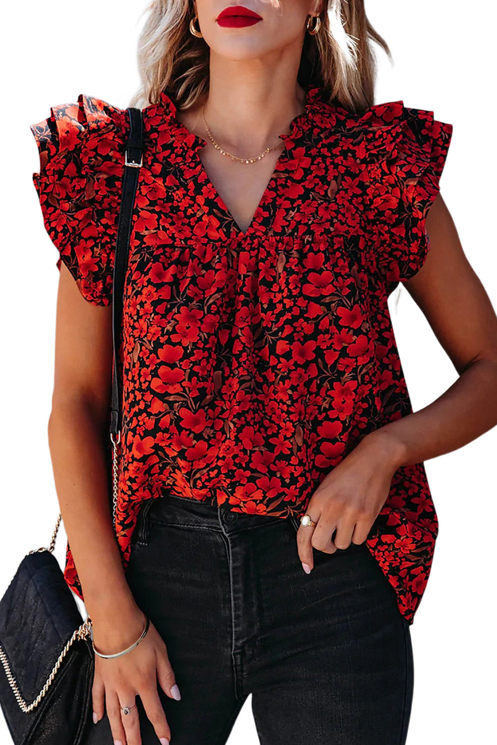 Red Floral Print Tiered Flutter Sleeve V Neck Top Tank Tops JT's Designer Fashion