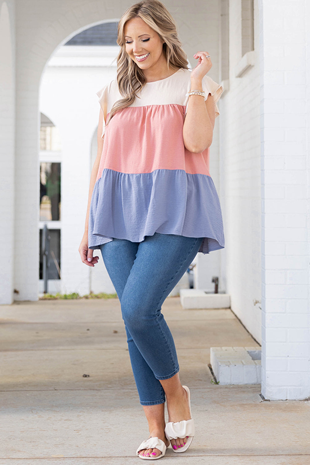 Pink Plus Size Colorblock Ruffle Flowy Top Plus Size Tops JT's Designer Fashion