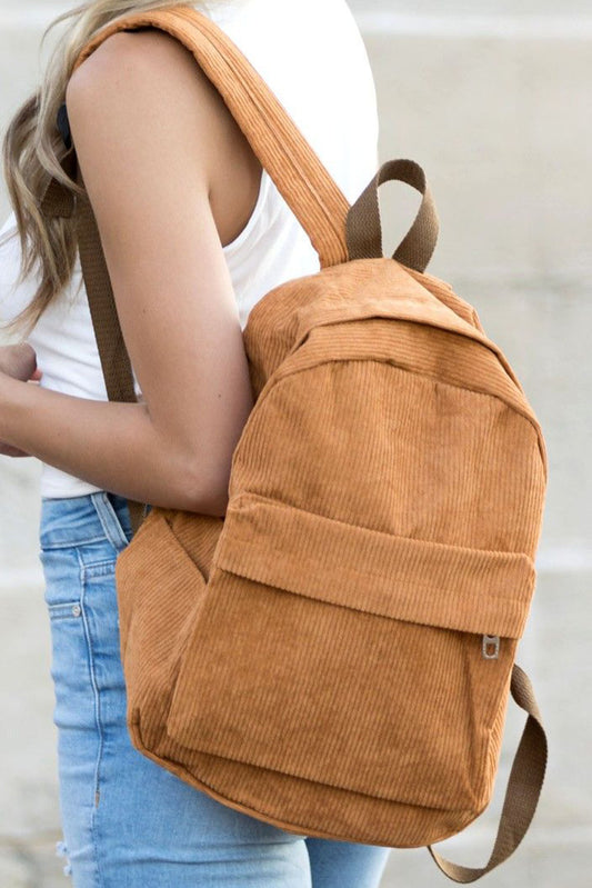 Brown Minimalist Large Capacity Zipped Corduroy Backpack Backpacks JT's Designer Fashion