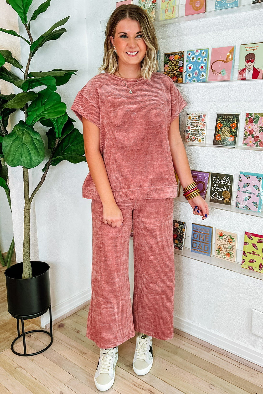 Rose Pink Mineral Wash Corduroy Short Sleeve and Crop Pants Set Bottoms JT's Designer Fashion