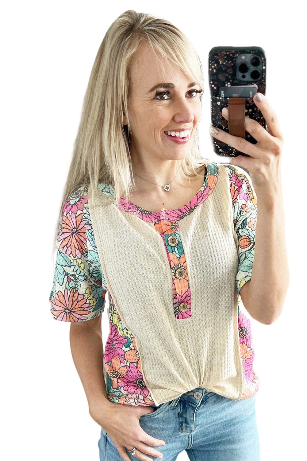 Beige Contrast Floral Detail Textured Henley Button Top Tops & Tees JT's Designer Fashion