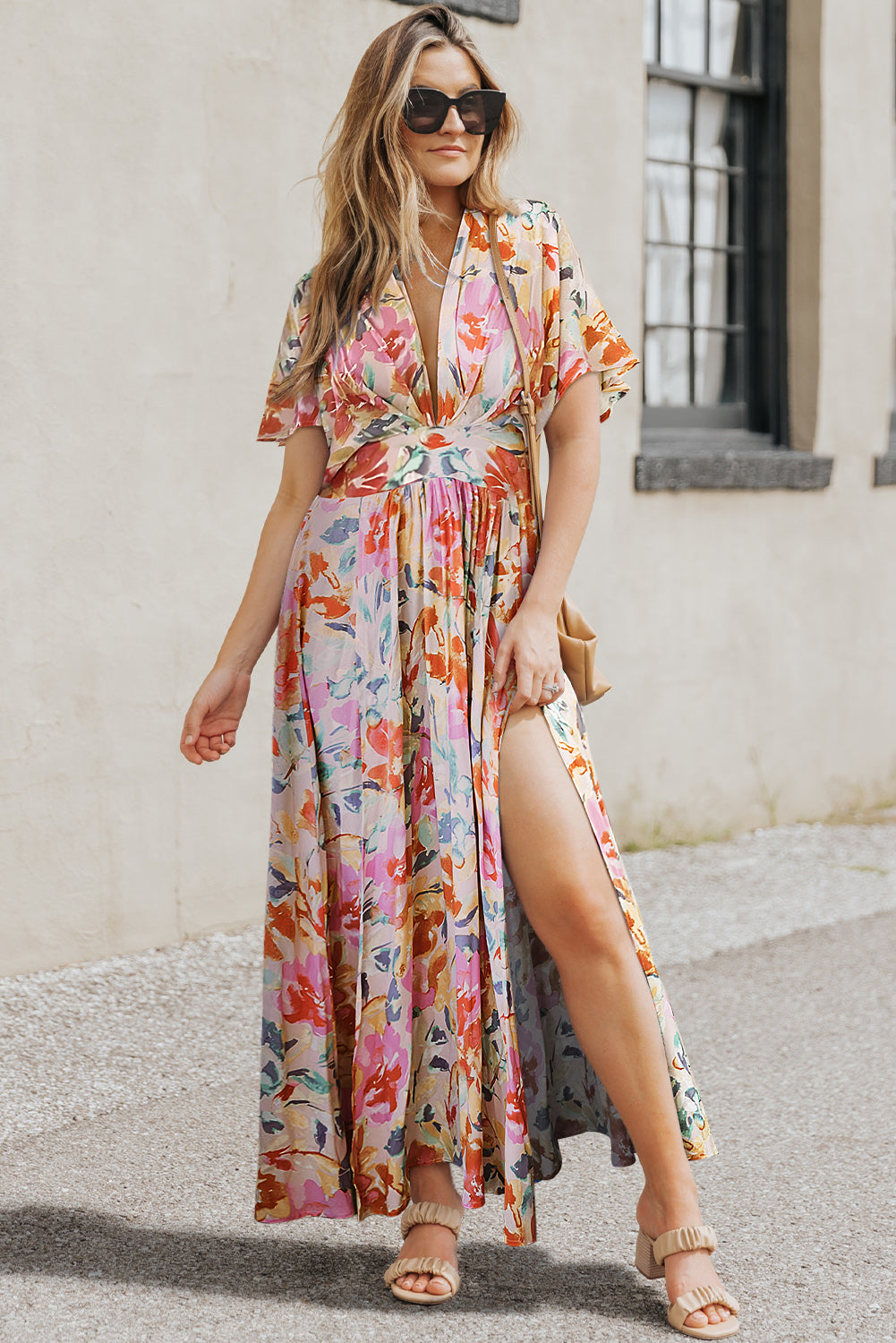 Multicolor Tropical Floral Print Ruched V Neck Maxi Dress Floral Dresses JT's Designer Fashion