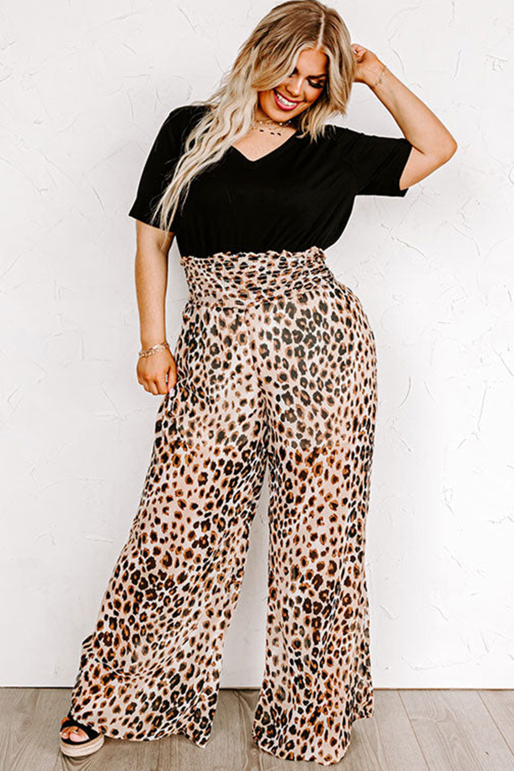 Khaki Plus Size Leopard Frilled Waist Wide Leg Pants Plus Size JT's Designer Fashion