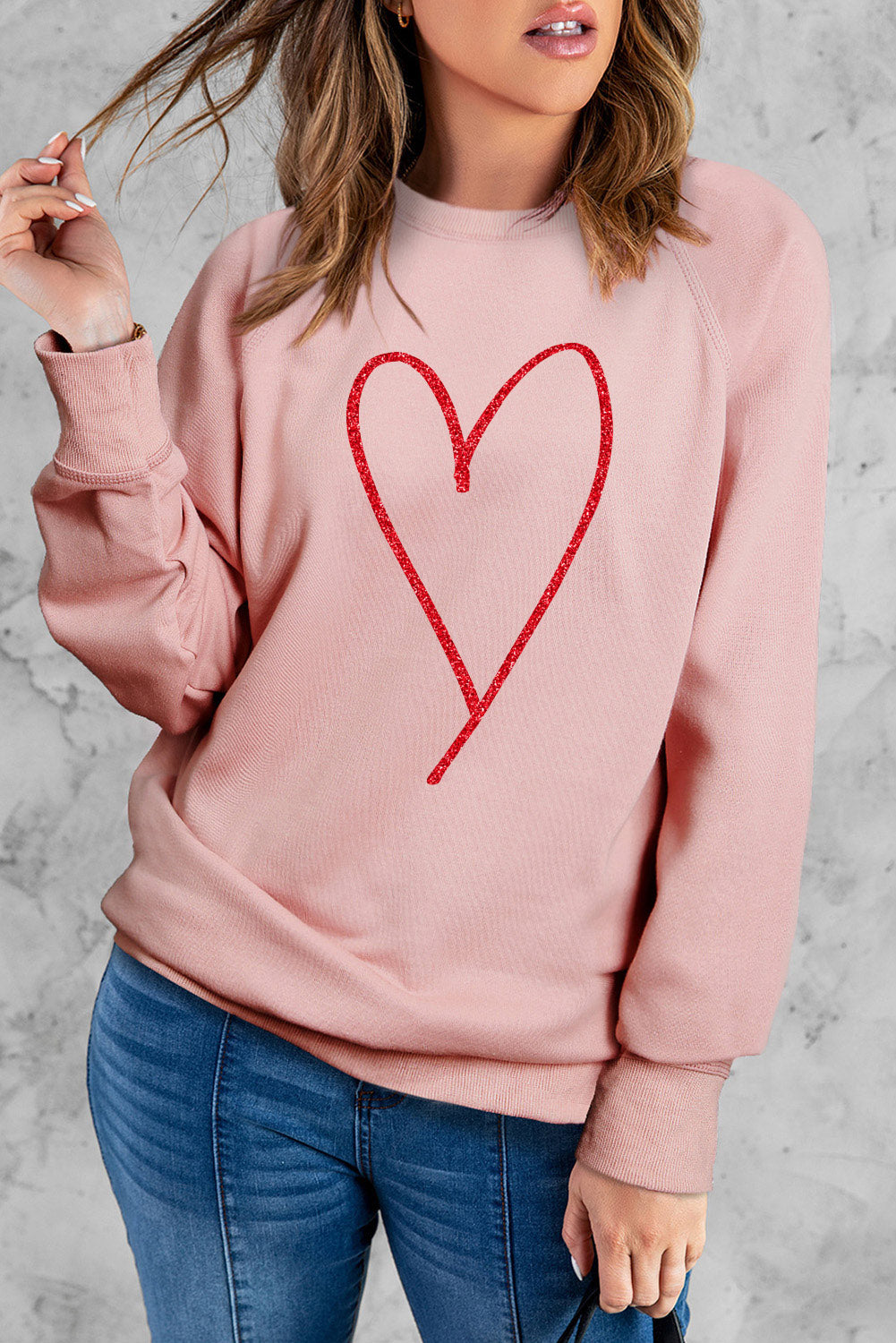 Pink Heart Glitter Graphic Raglan Pullover Sweatshirt Graphic Sweatshirts JT's Designer Fashion