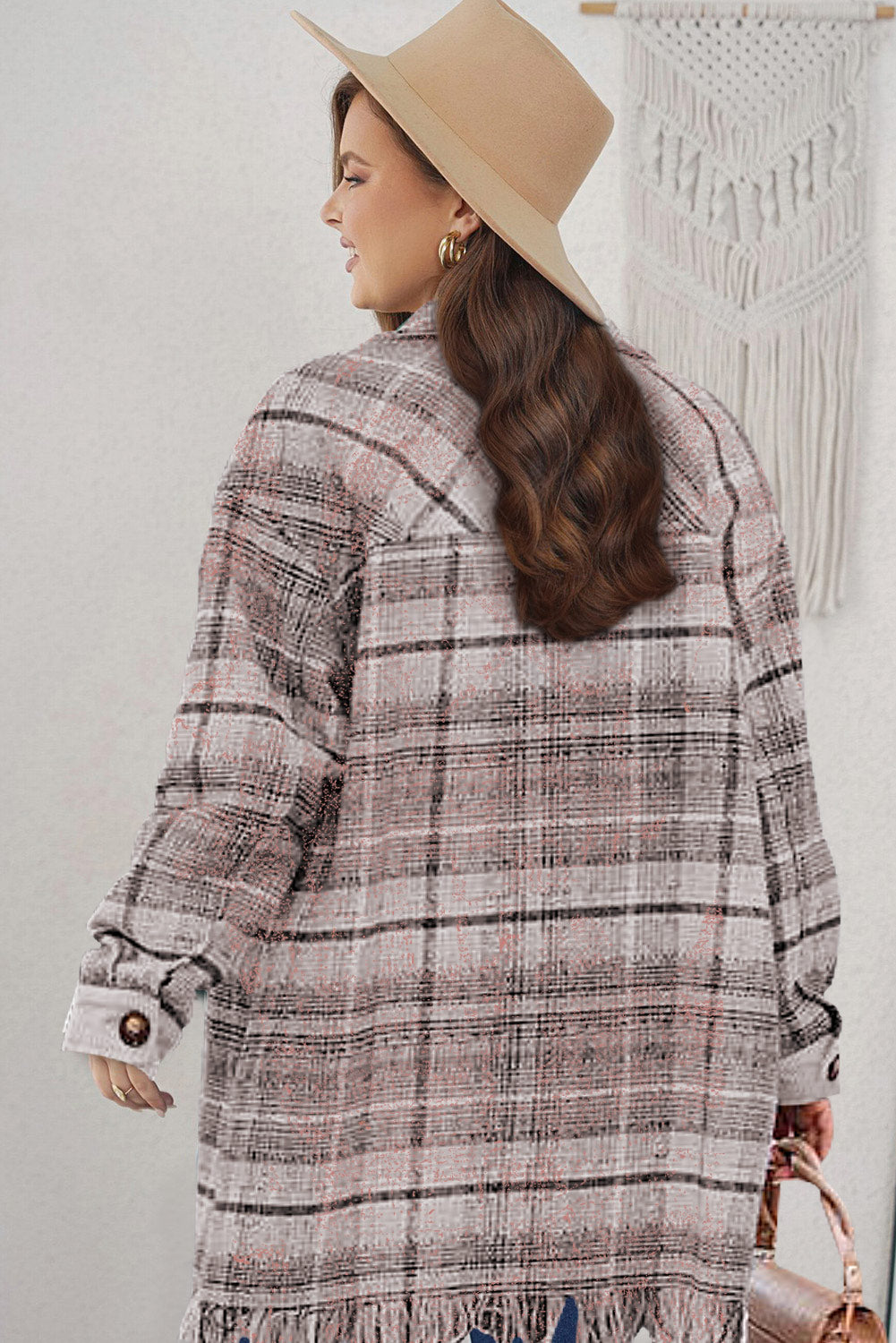 Pink Plus Size Plaid Tassel Hem Coat Plus Size JT's Designer Fashion