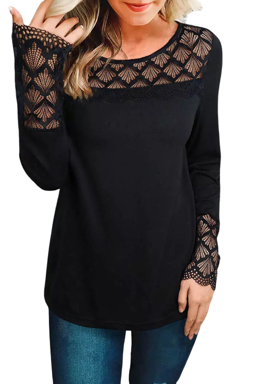 Black Lace Crochet Splicing O-neck Long Sleeve Top Long Sleeve Tops JT's Designer Fashion