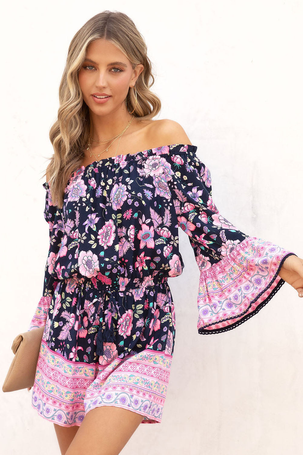 Blue Floral Patchwork High Waist Off Shoulder Romper Jumpsuits & Rompers JT's Designer Fashion